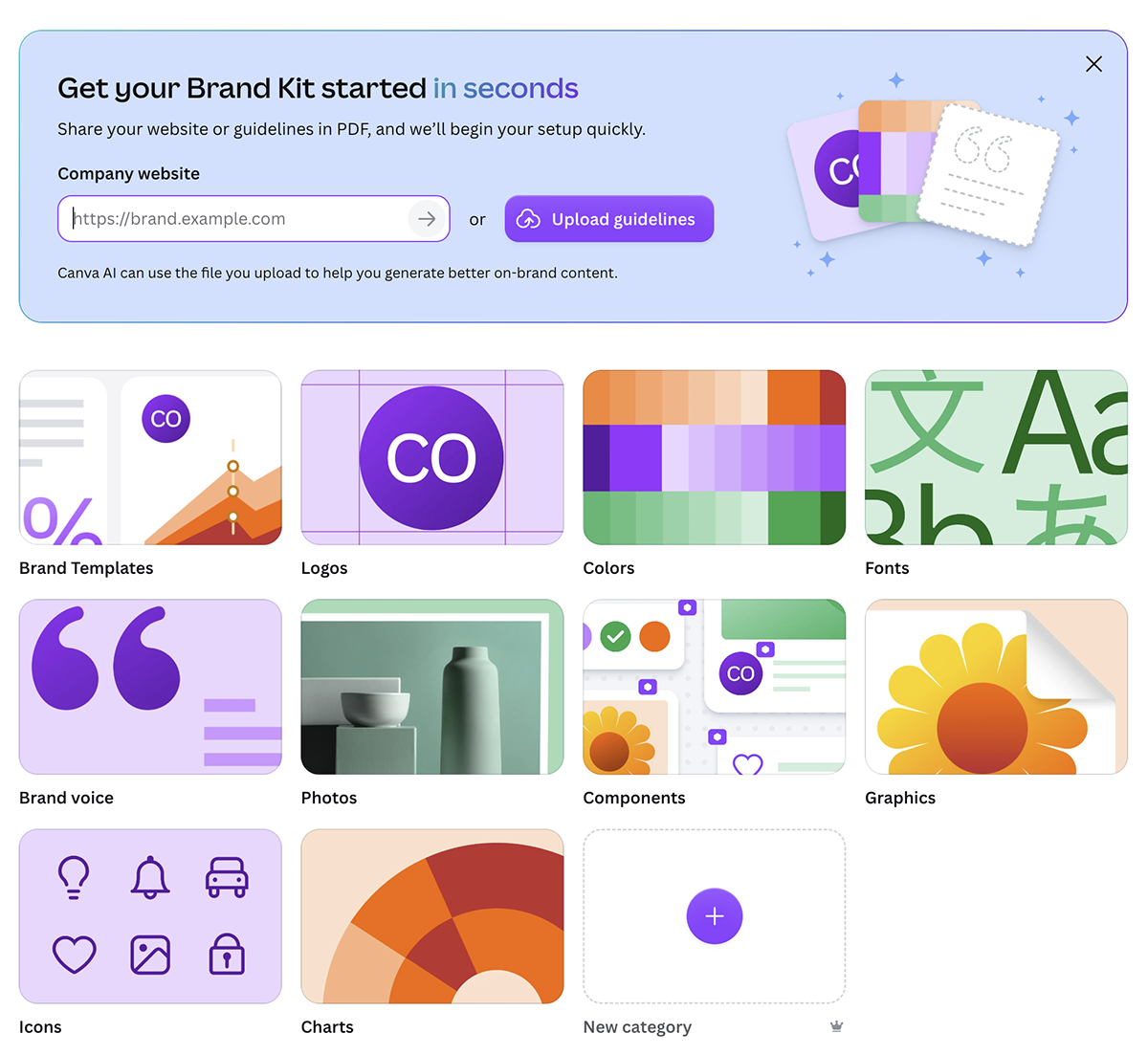 Canva Brand Kit dashboard with sections for brand templates, logos, colors, fonts, and more