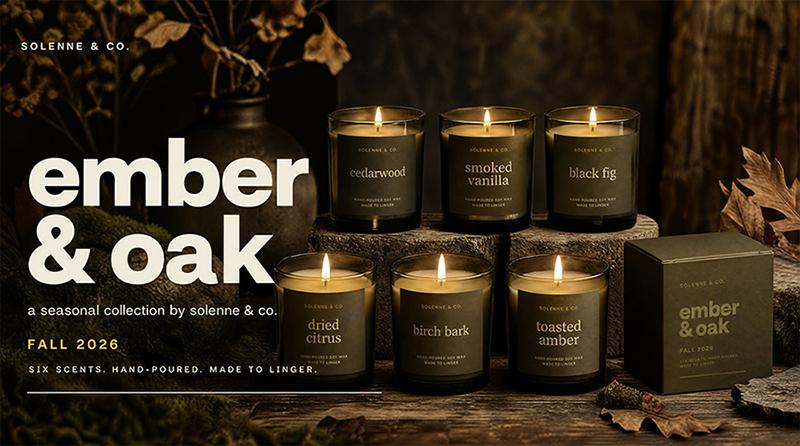 Plus AI image-mode title slide for the same candle brand, showing all six labeled candles in a moody autumn scene