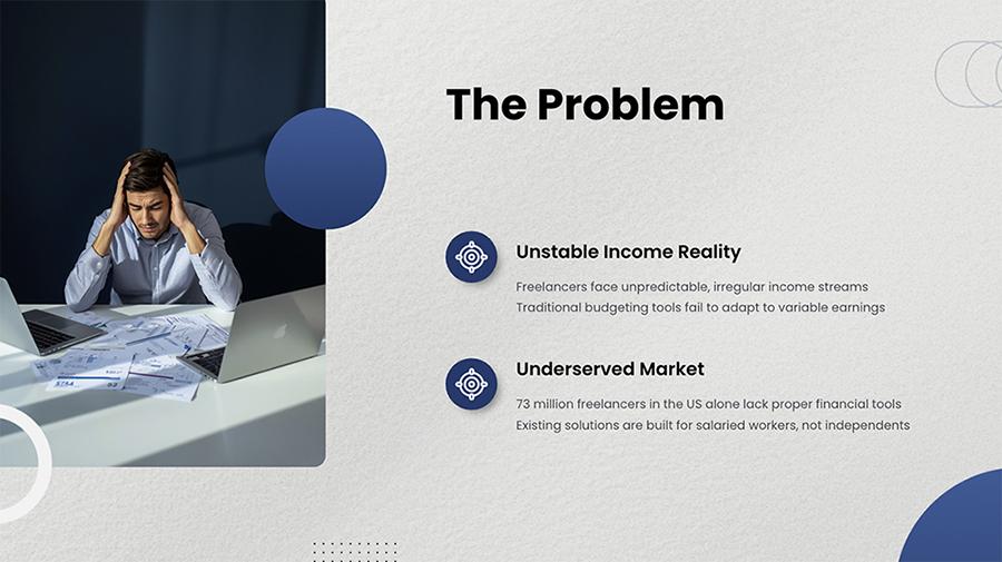 Canva-generated slide titled The Problem listing only two audience pain points beside a stock photo