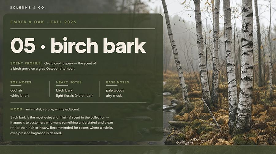 Plus AI-generated product detail slide for a single candle scent, with scent profile, fragrance notes, and mood copy beside a birch forest photo