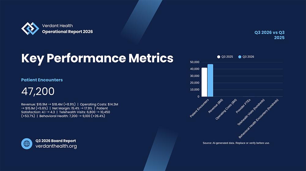 Canva-generated key performance metrics slide that highlights one stat and buries the others in a small paragraph