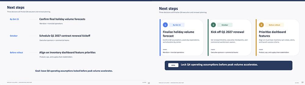 Side-by-side ChatGPT edit turning a next-steps list into numbered cards with owners and dates