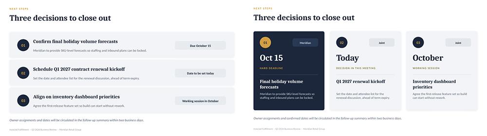 Side-by-side Claude chat edit converting the next-steps list into three decision cards