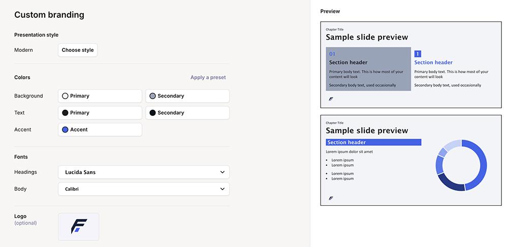 Plus AI custom branding settings with colors, fonts, and logo beside a live slide preview