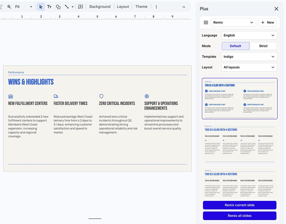 Plus AI remix panel open in Google Slides offering alternative layouts for the current slide