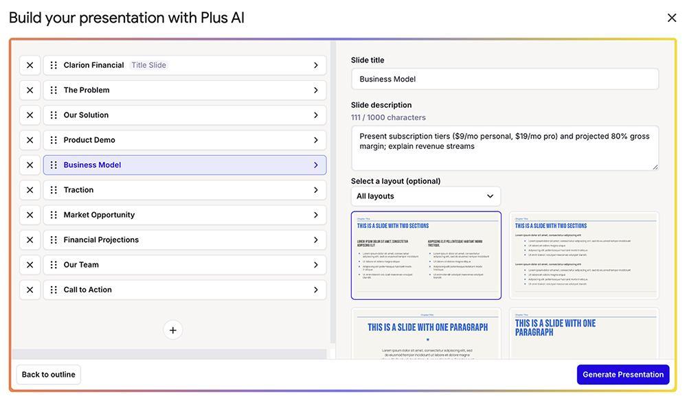 Plus AI outline editor for a ten-slide startup pitch deck, with the Business Model slide selected