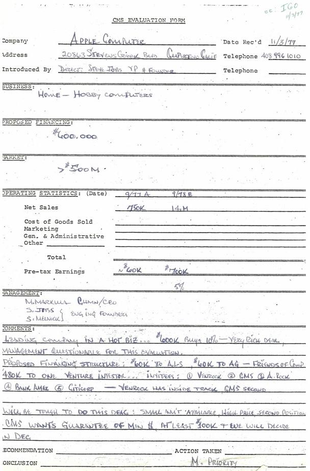 Sequoia's 1977 handwritten evaluation form for Apple Computer, recommending a $600,000 round