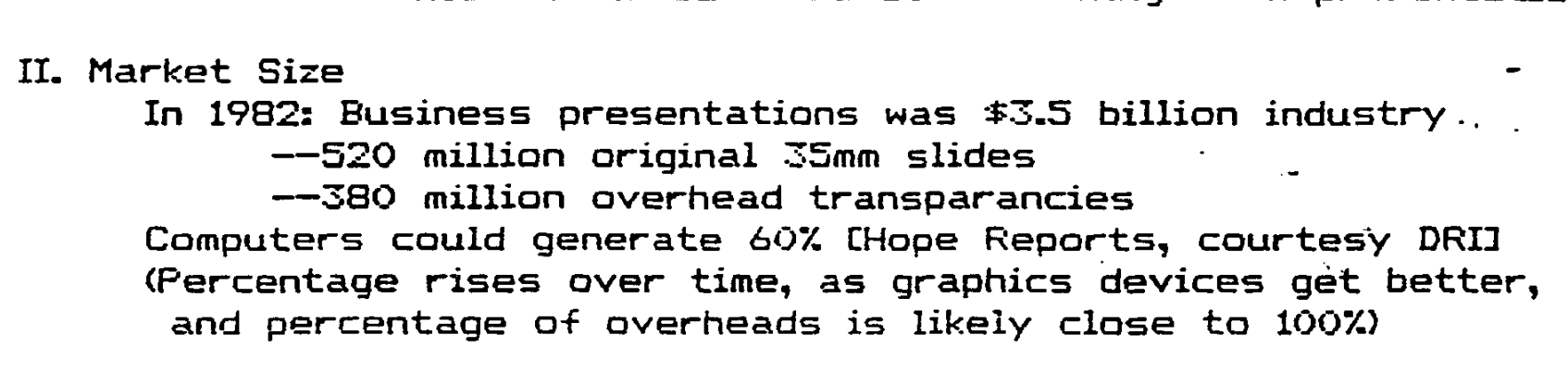 Excerpt from Robert Gaskins' 1984 PowerPoint proposal sizing the 1982 business presentation market