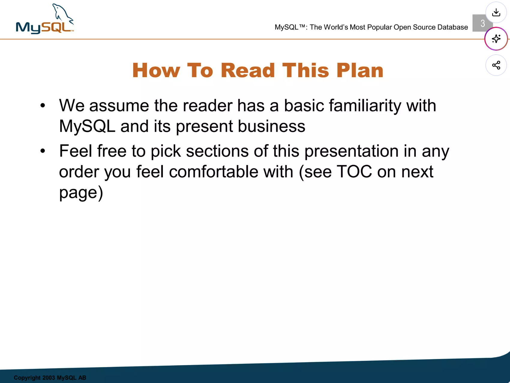 Slide 3 of MySQL's 2003 Series B deck, titled How To Read This Plan