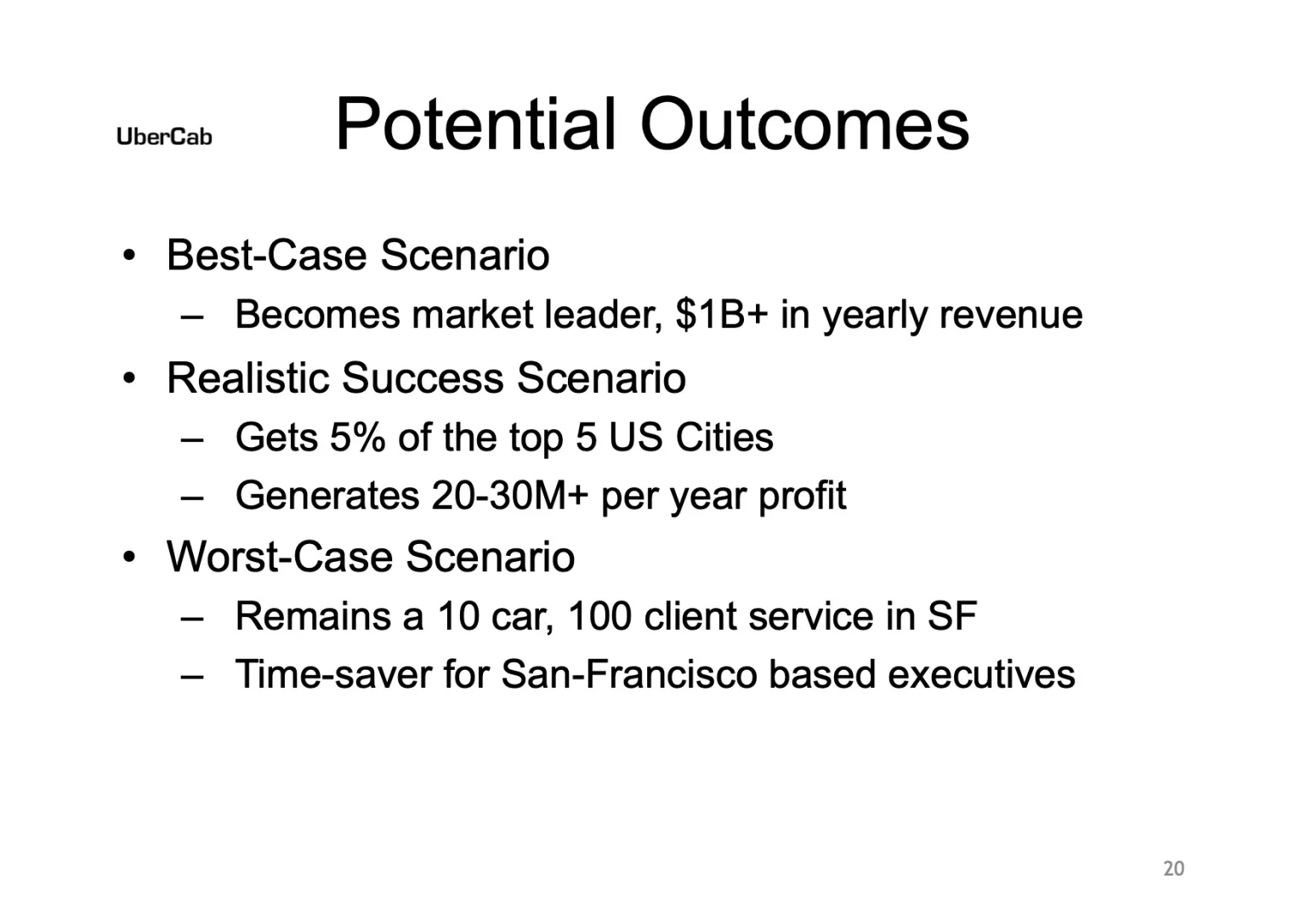 Potential Outcomes slide from UberCab's early pitch deck with best, realistic, and worst-case scenarios