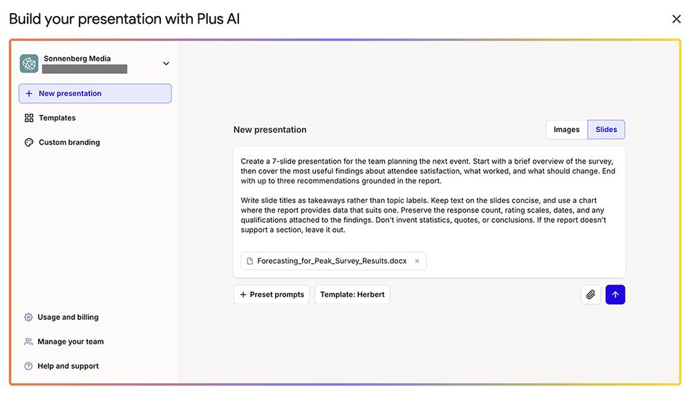 Plus AI's new presentation screen with a prompt and an attached Word document survey report