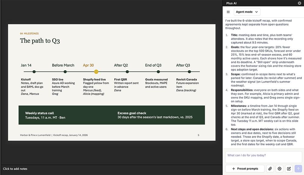 Kickoff recap milestone timeline slide generated by the Plus AI Agent from a meeting transcript