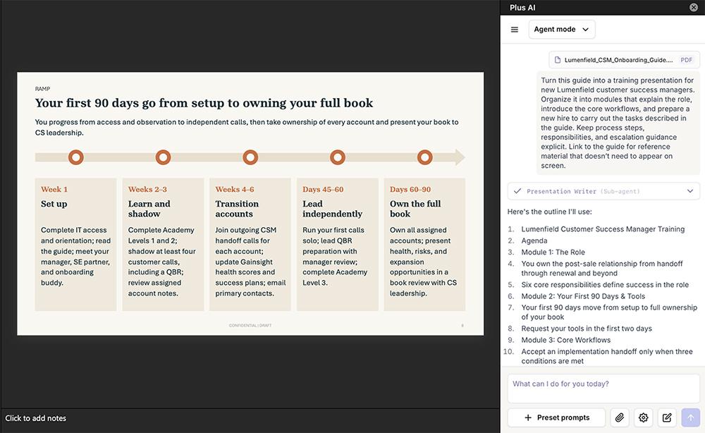 Onboarding training slide showing a 90-day ramp plan, generated by the Plus AI Agent from a PDF guide