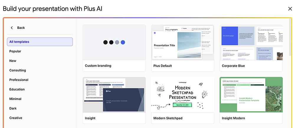 Plus AI template library showing Custom branding, Plus Default, Corporate Blue, and other templates