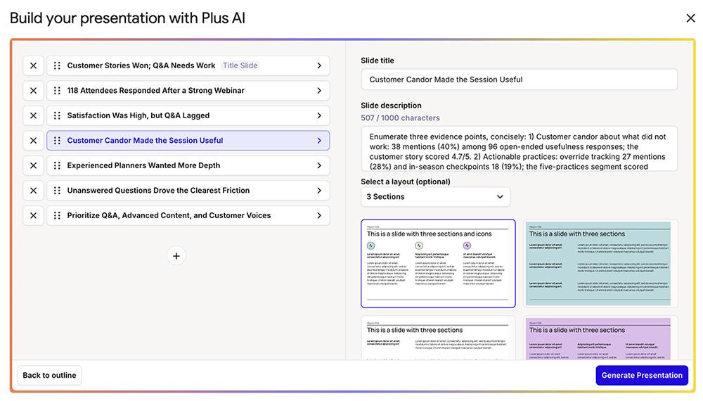 Plus AI outline editor listing seven slide titles with a slide description and layout options