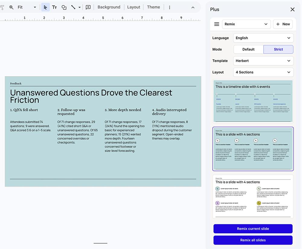Remixing a slide in Google Slides with the Plus AI sidebar showing four-section layout options