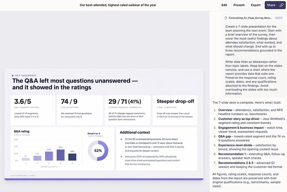 Image mode deck generated from a survey report, with a slide summary in the side panel