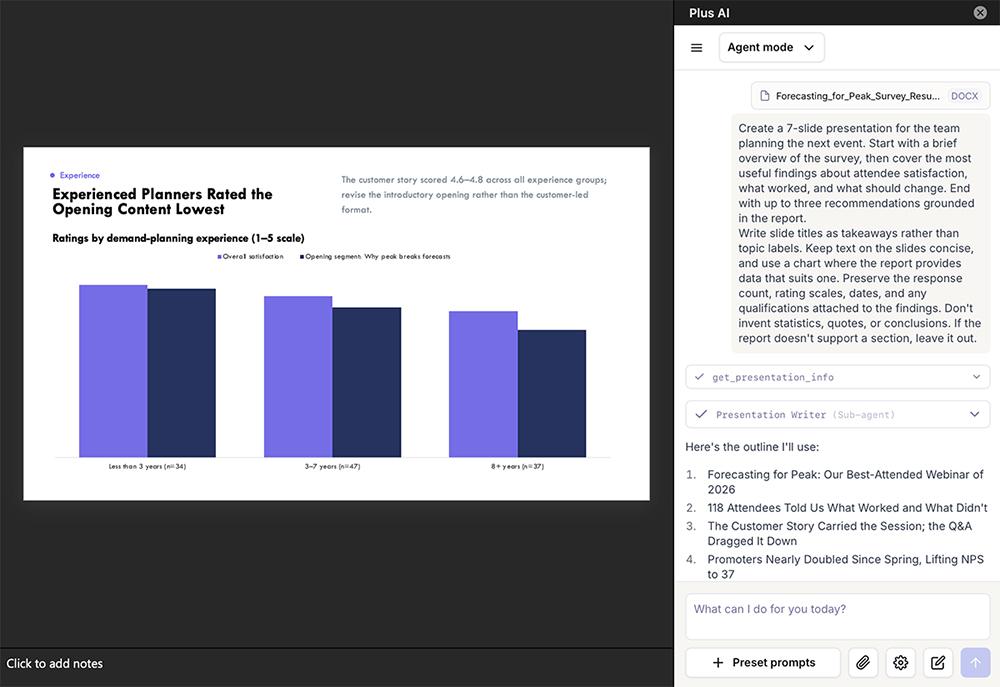 Plus AI Agent in PowerPoint generating a deck outline from an uploaded Word document