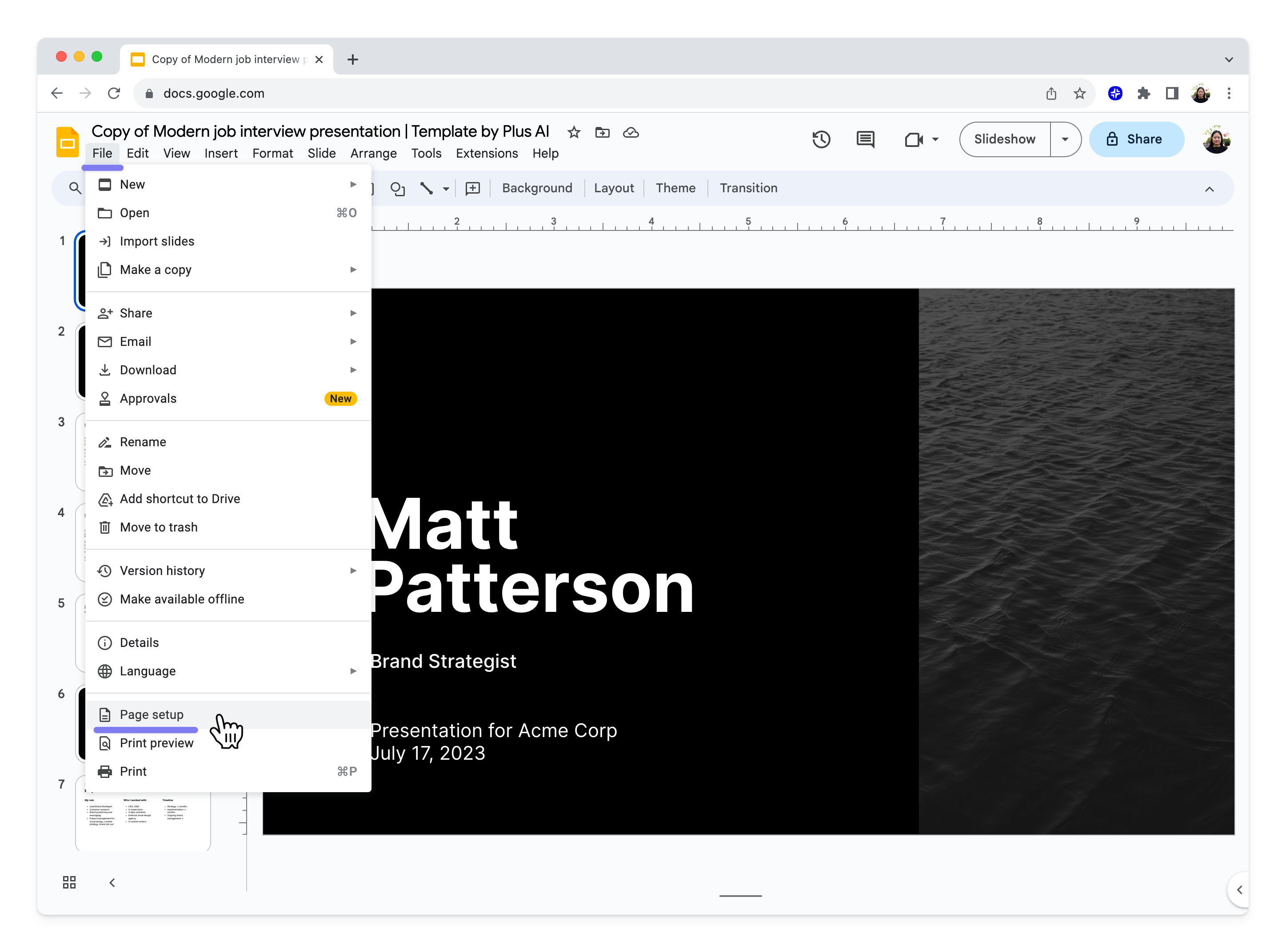Screenshot of opening the File menu in Google Slides, with the Page setup option highlighted.