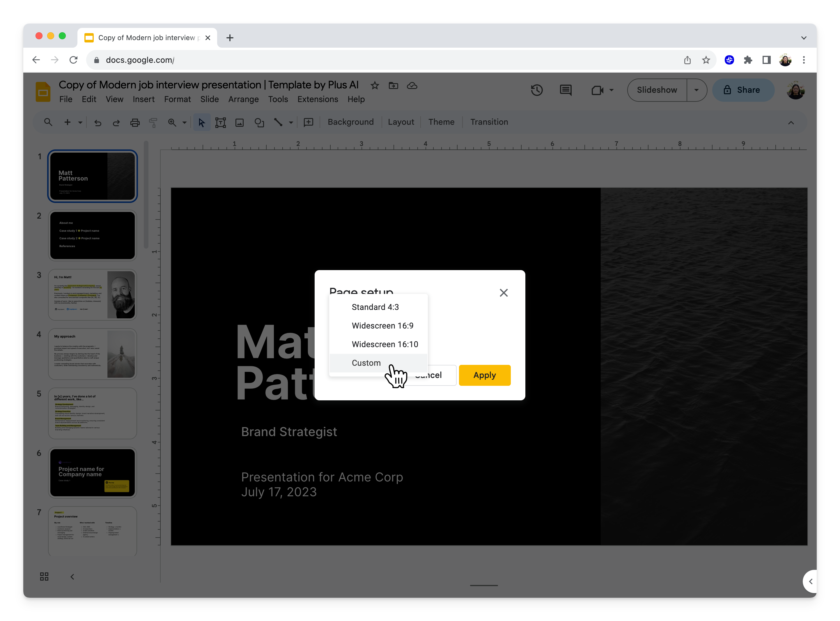 Selecting Custom in the Page setup dropdown
