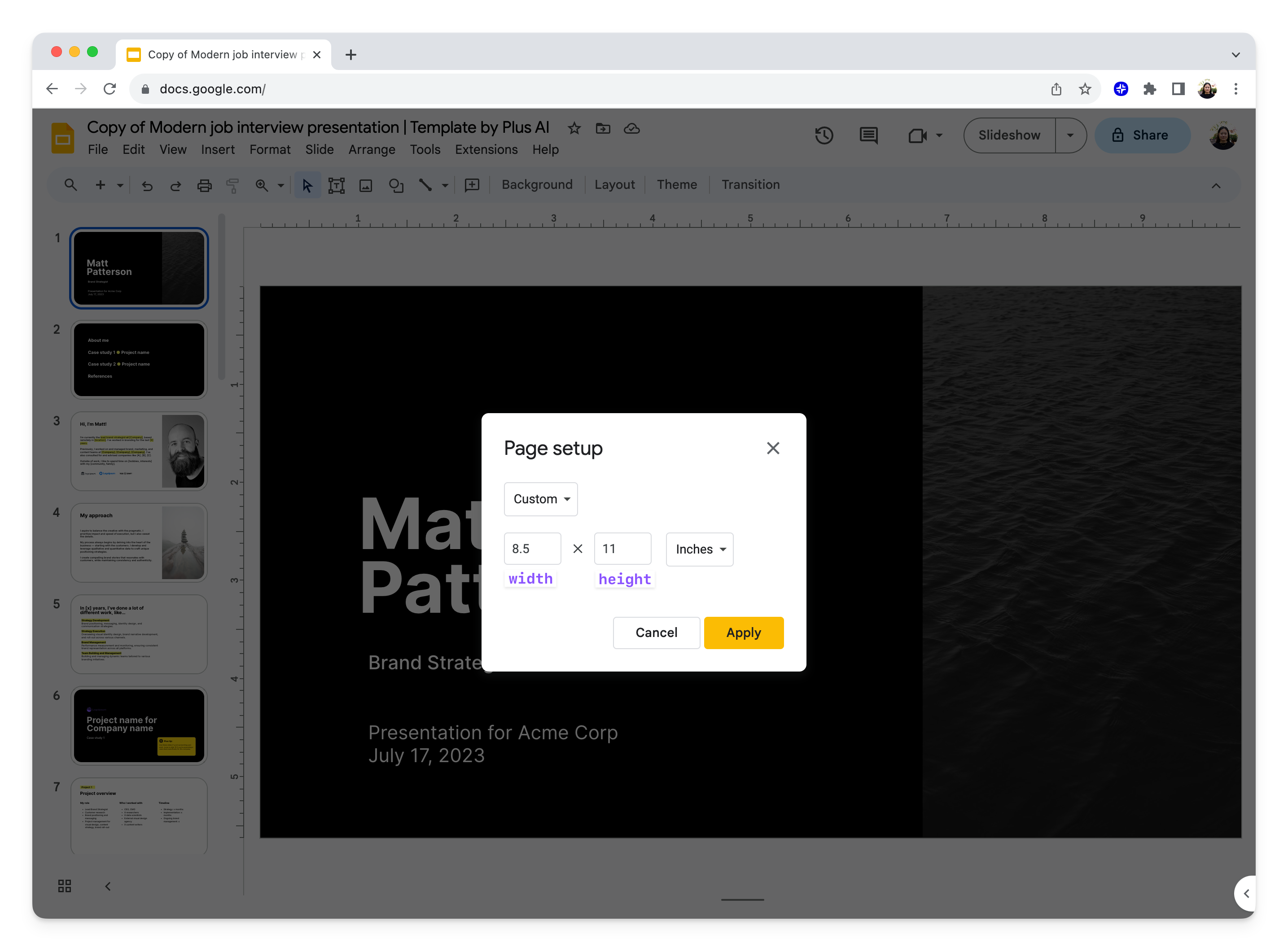 Entering 8.5 by 11 inches into the Page set up menu.