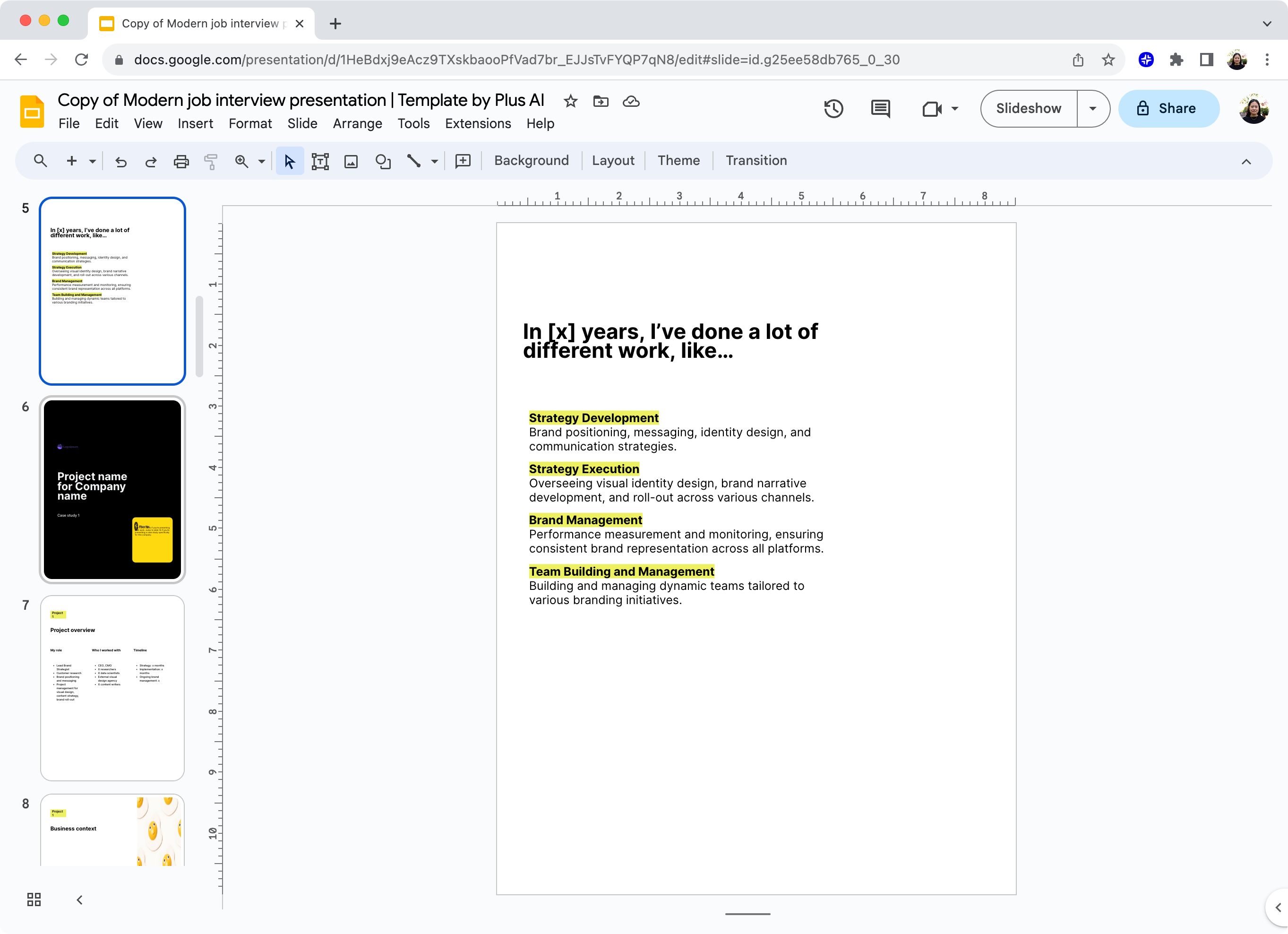 Example of a vertical orientation Google Slide. The slide is part of a job interview presentation and covers work experiences.
