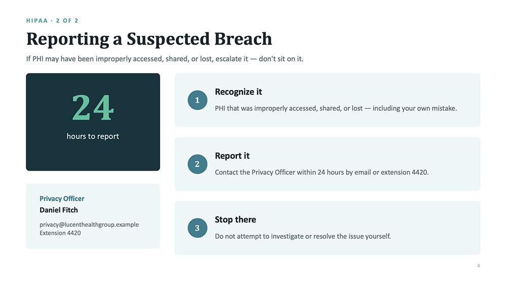 Claude chat slide titled "Reporting a Suspected Breach" with a large 24-hours-to-report callout beside three numbered steps