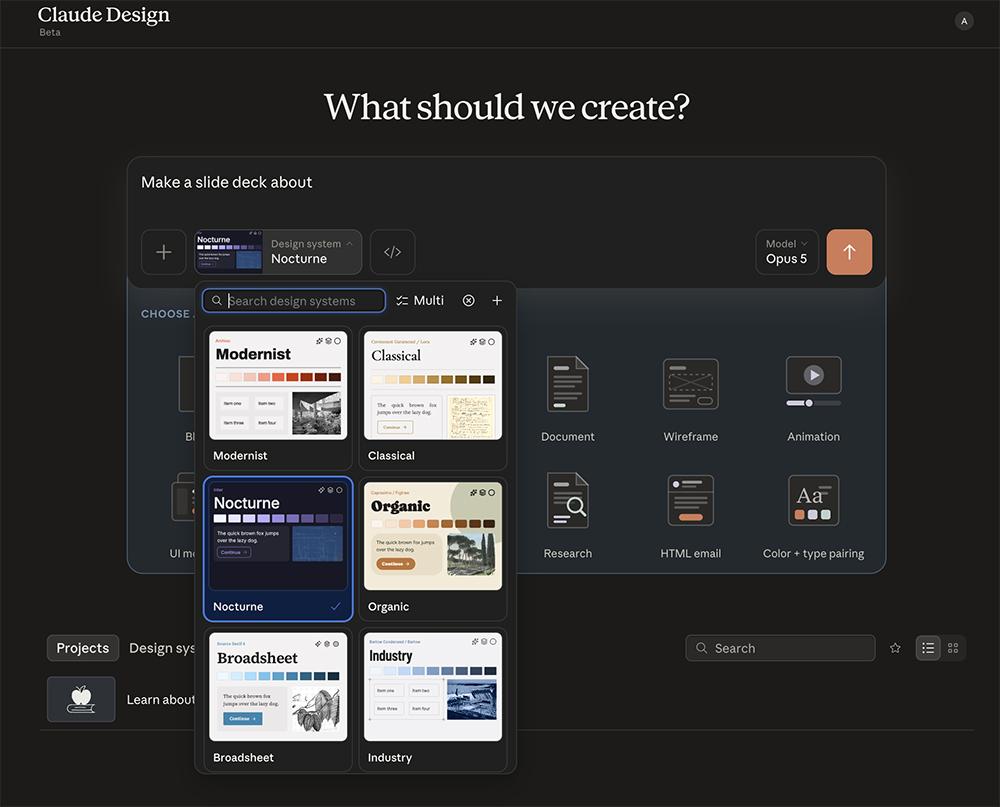Claude Design's design system picker showing its half-dozen built-in templates