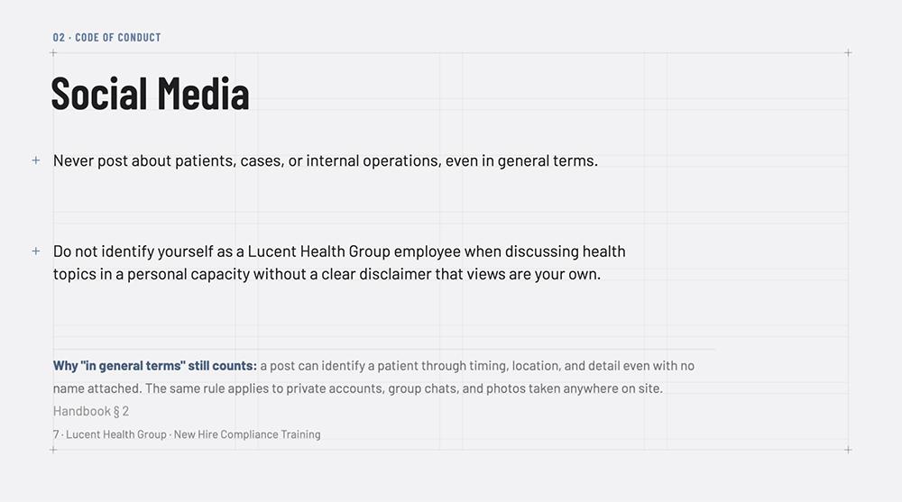 Claude Design slide about social media policy built from a preset layout, with plain bullets and no visual emphasis