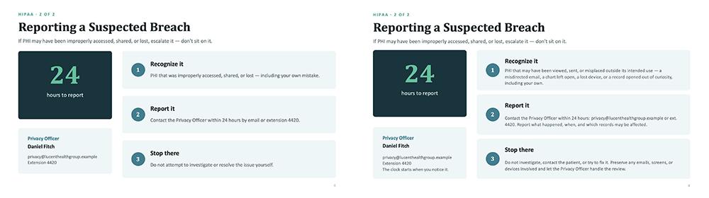 Side-by-side Claude edit: the original breach-reporting slide on the left and the version with expanded callouts on the right