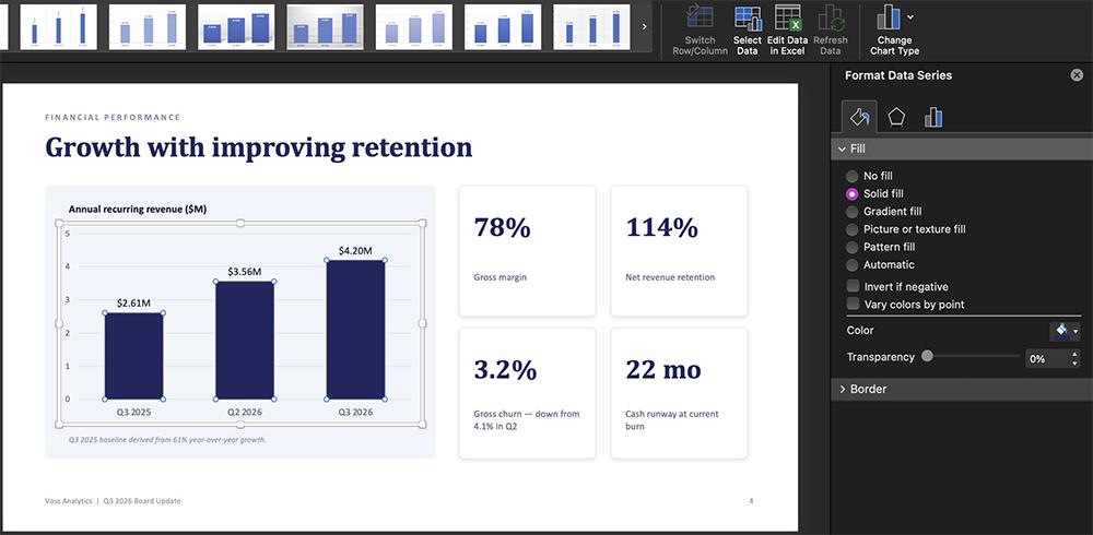 Claude-generated ARR bar chart open in PowerPoint with the Format Data Series panel showing it is fully editable