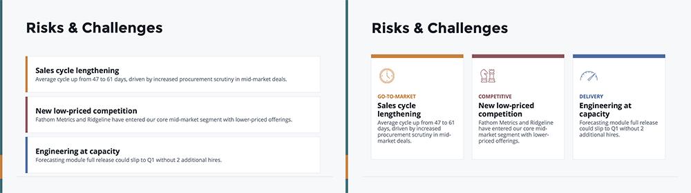 Side-by-side Claude add-in edit turning the risks list into cards with icons and color coding
