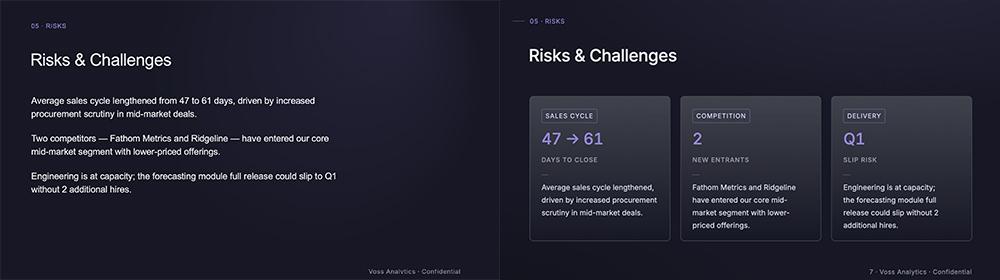 Side-by-side Claude Design edit turning a minimally designed dark risks slide into three data cards