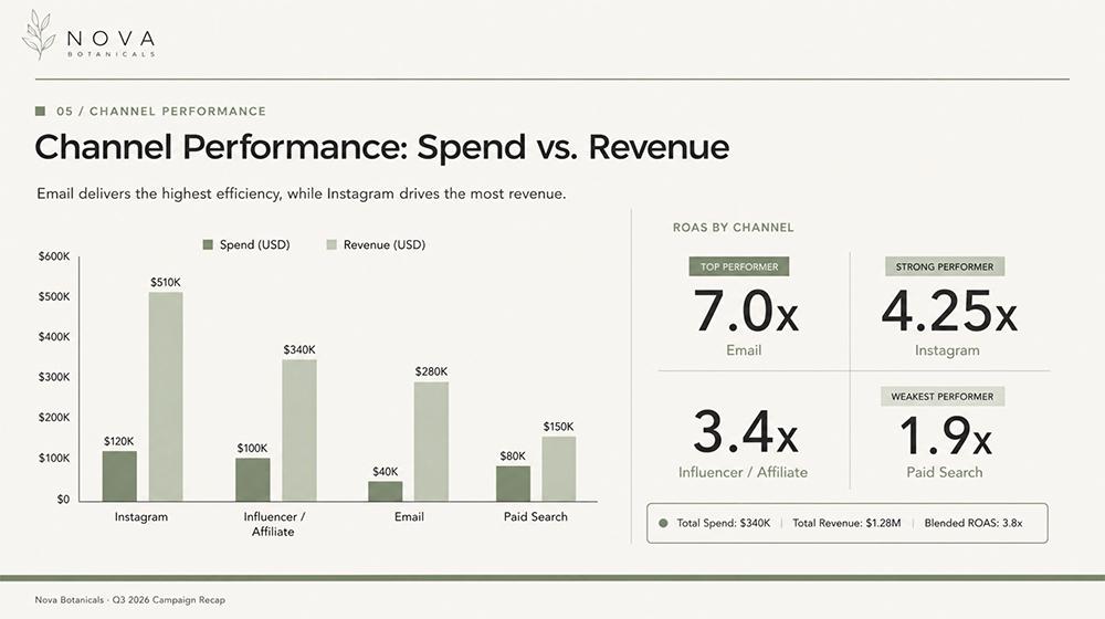 Slide built in Plus AI image mode, pairing a spend-versus-revenue chart with ROAS callouts on a branded layout