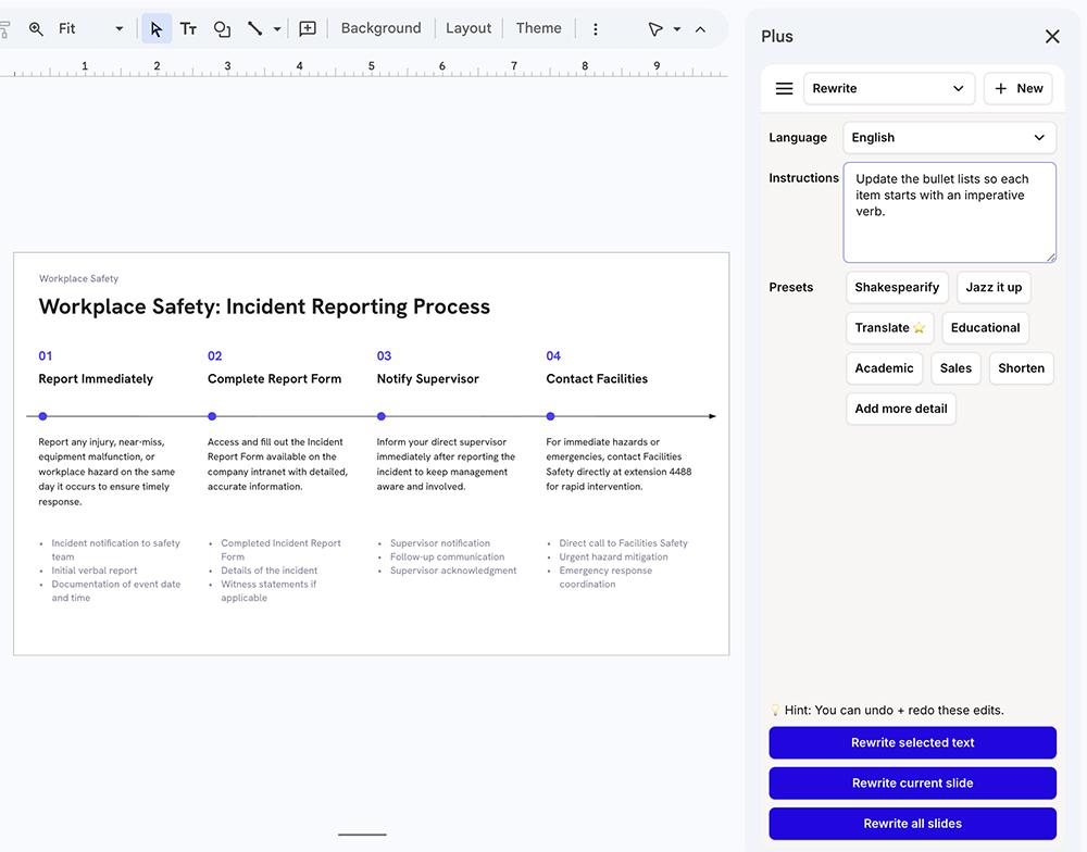 Plus AI rewrite panel open in Google Slides with editing presets like shorten, translate, and add more detail