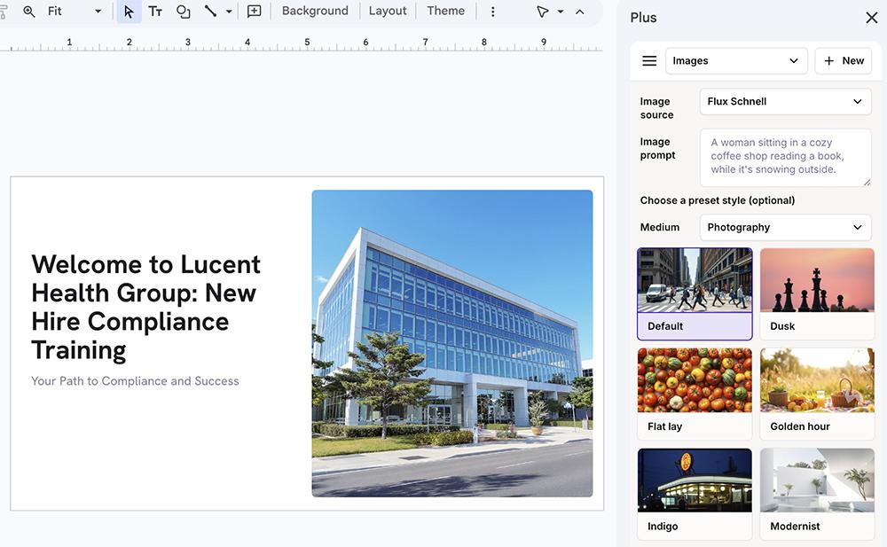 Plus AI image generation panel in Google Slides with model and style preset options for the title slide photo