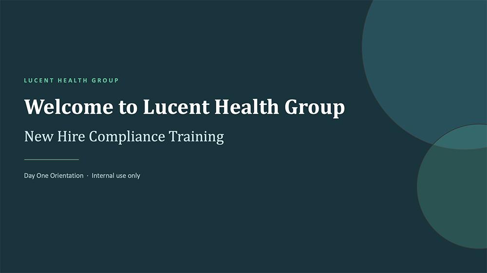 Generic dark teal title slide reading "Welcome to Lucent Health Group" that Claude produced without design direction