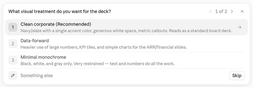 Claude Cowork prompt asking which visual treatment to use for the deck, offering clean corporate, data-forward, and minimal monochrome