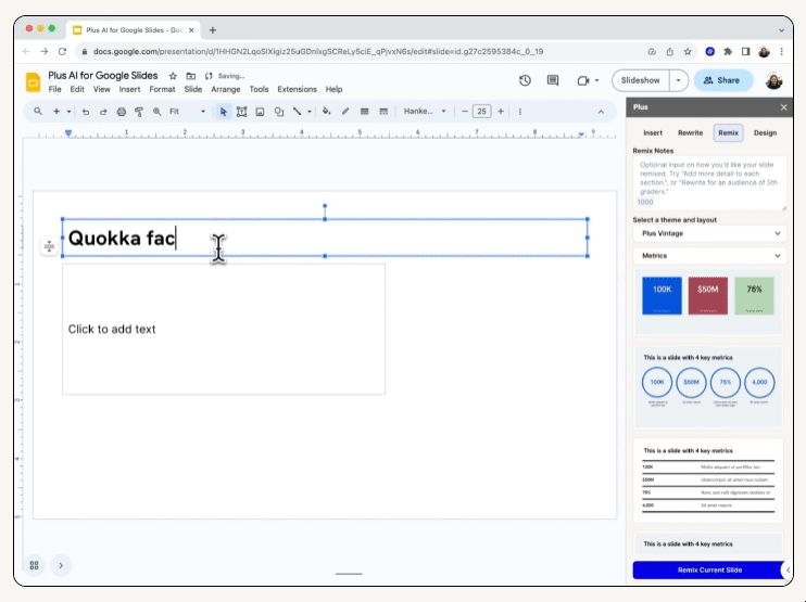 Plus AI formatting a slide