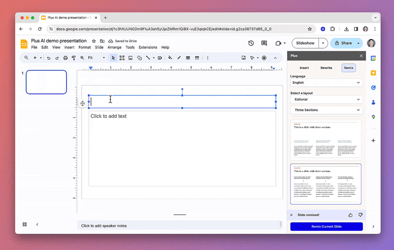 Demo GIF of Plus AI remix formatting a slide using AI