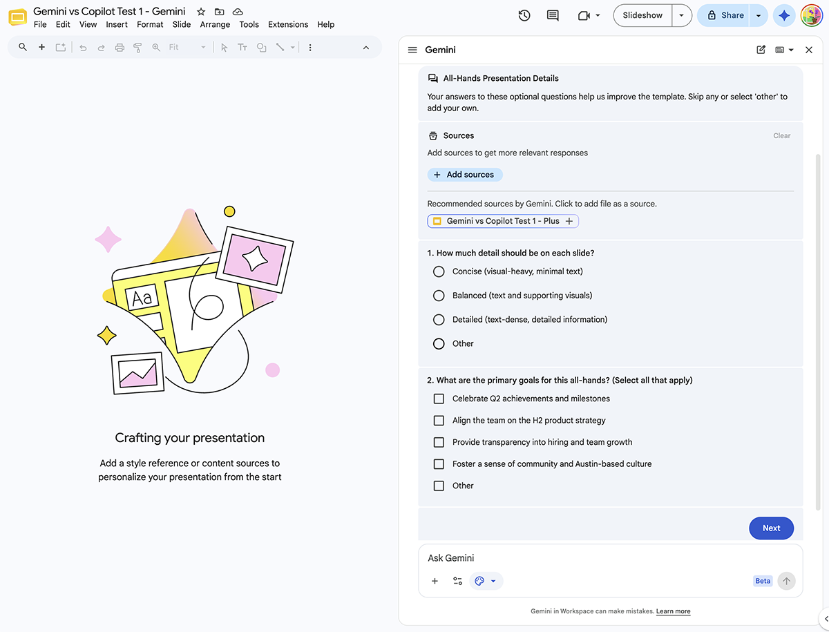 Gemini in Google Slides asking clarifying questions about slide detail and presentation goals before generating an all-hands deck