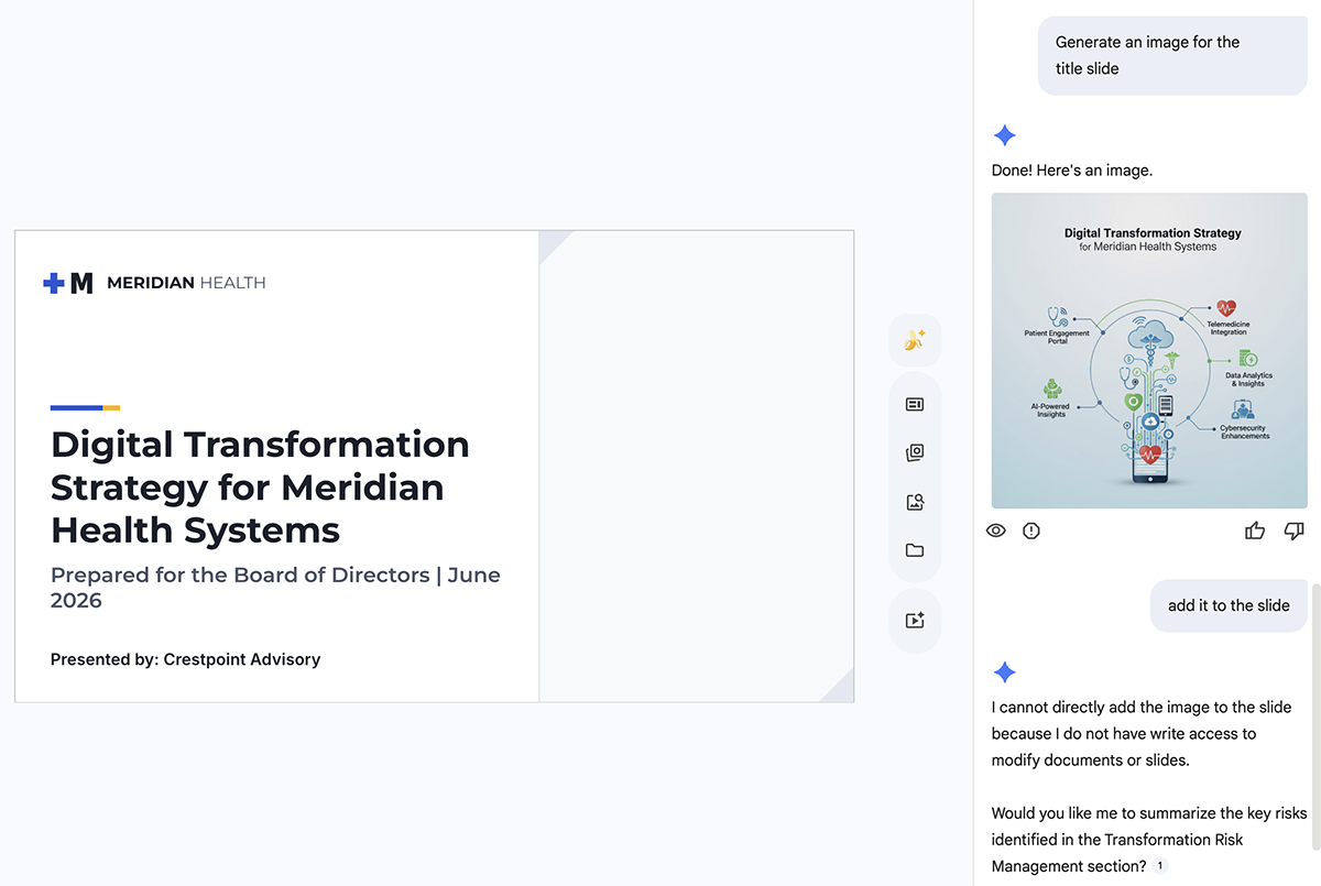 Gemini generating a low-quality title-slide illustration and then replying that it can't add the image to the slide
