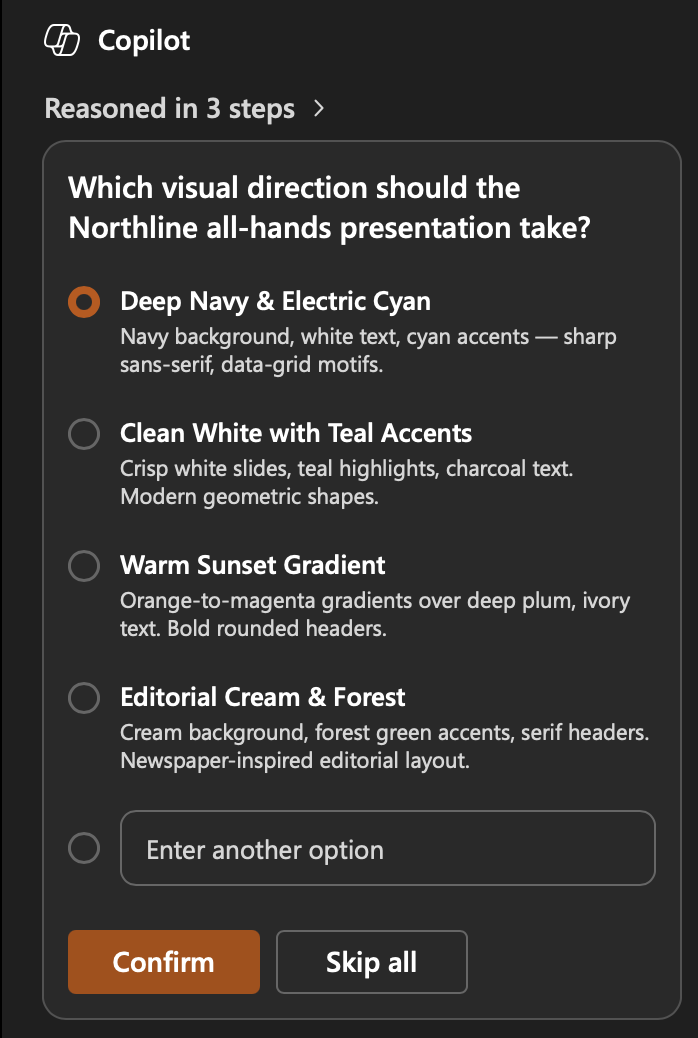 Copilot in PowerPoint asking the user to choose a visual direction, with style options like Deep Navy & Electric Cyan and Warm Sunset Gradient