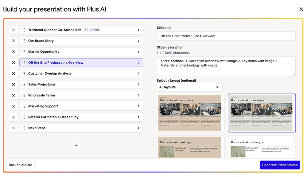 Plus AI's "Build your presentation" outline editor, where you can review and adjust each slide's title, description, and layout before generating.