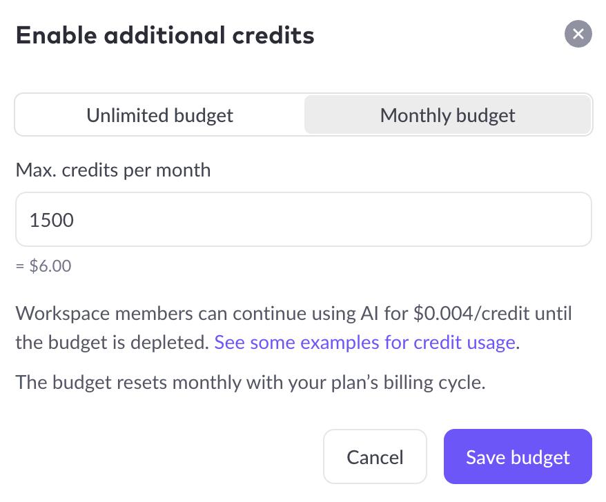 Pitch's "Enable additional credits" dialog, where you set a monthly budget to keep using AI at $0.004 per credit after your plan's credits run out.