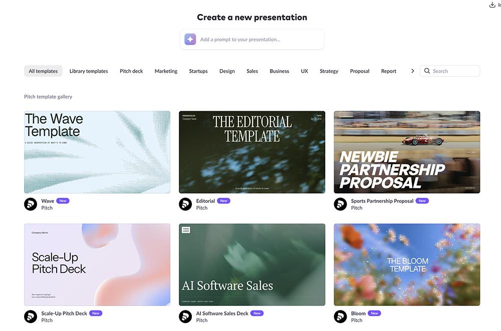 Pitch's template gallery for creating a new presentation, showing categorized templates like Wave, Editorial, and Scale-Up Pitch Deck.
