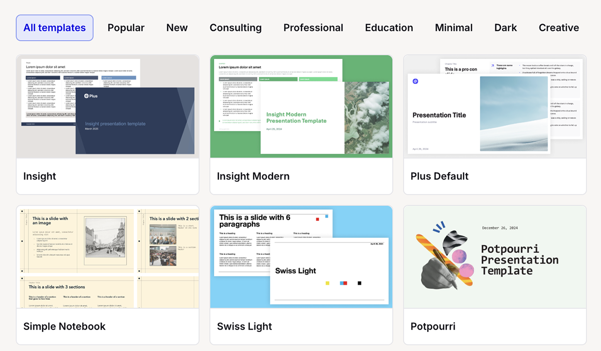 Plus AI's template library, with categories and layout options such as Insight, Plus Default, and Swiss Light.