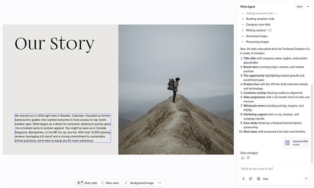 The Pitch editor on an "Our Story" slide with the Pitch Agent panel completing a tone change on the right.