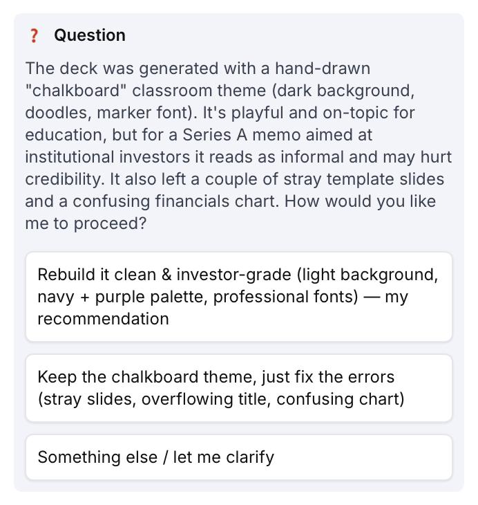 Plus AI's Presentation Agent flagging that the chalkboard theme is a poor fit for a Series A investor memo and offering to rebuild the deck in an investor-grade style.