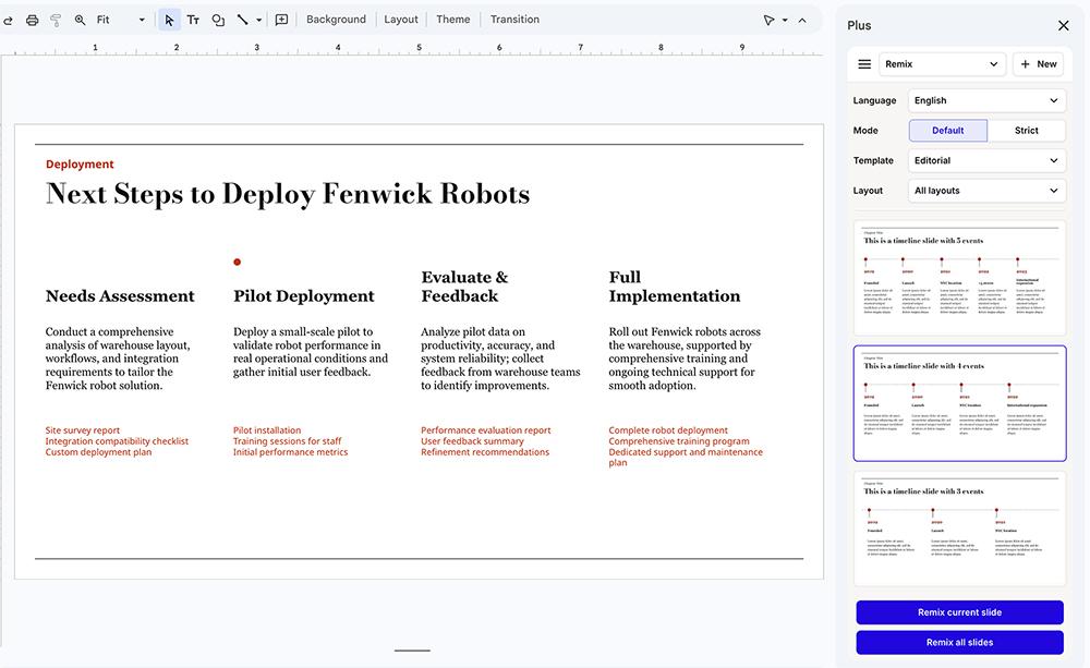 Plus AI's Remix panel in Google Slides offering alternate timeline layouts for a "Next Steps" slide.